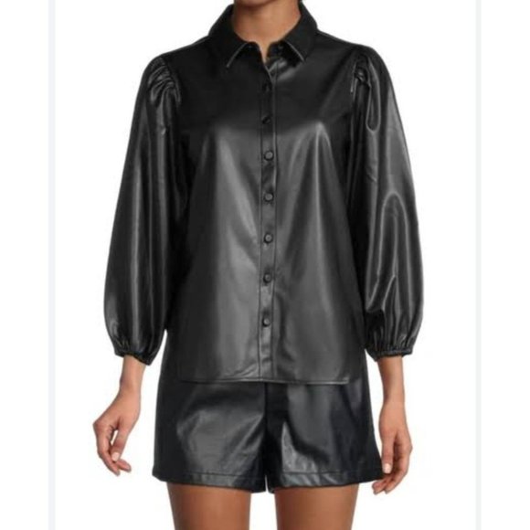 BCBGeneration S Black Faux Vegan Leather Top Blouse Button Front - Picture 2 of 12